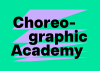 Paarse grafische vormen op een groene achtergrond met daaroverheen de tekst: 'Choreographic Academy'